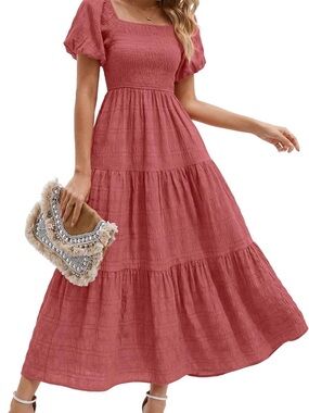Smocked Square Neck Tiered Maxi Dress in Dusty Rose
